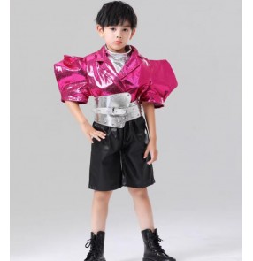 Boys girls Fuchsia silver leather jazz dance costumes singers host  Metaverse technology clothing Catwalk mode show theme of science and technolog outfits